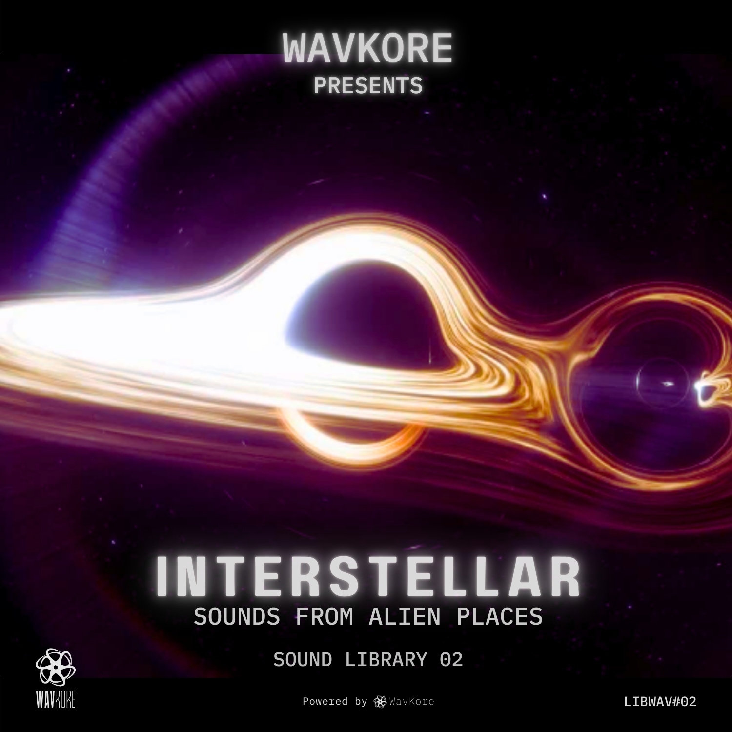 Sample pack cover for 'Interstellar: Sounds from Alien Places' by Wavkore with a black hole illustration.