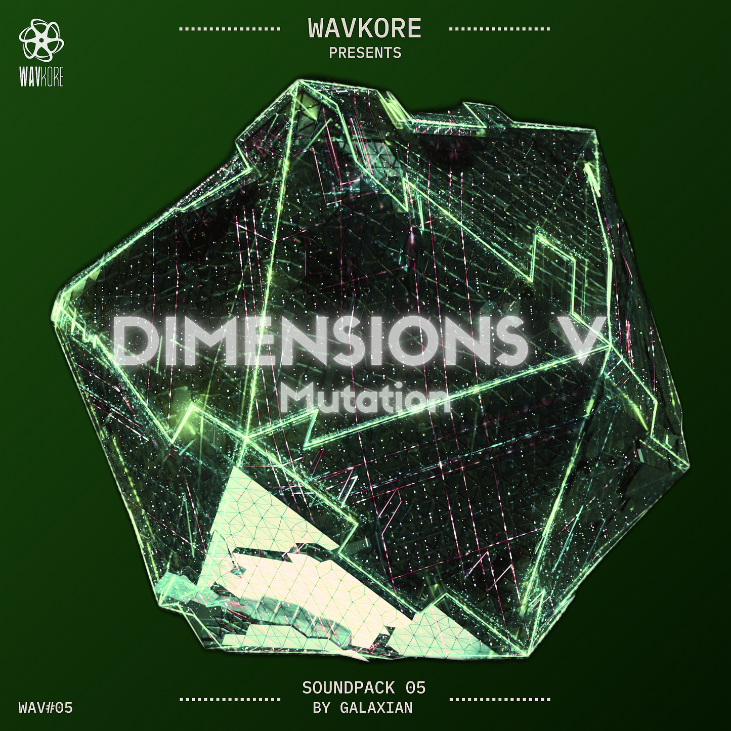 Dark green infographic artwork named Mutation sound pack 5 with large surreal gemstone WAV05