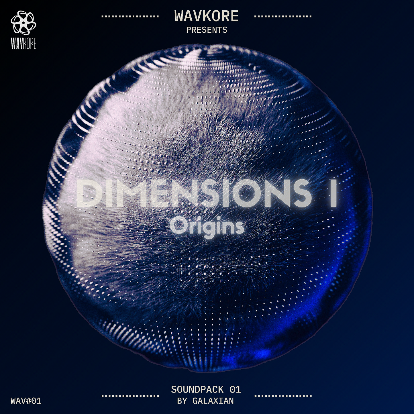 Dark blue infographic artwork titled Origins soundpack 1 with strange floating globe WAV01