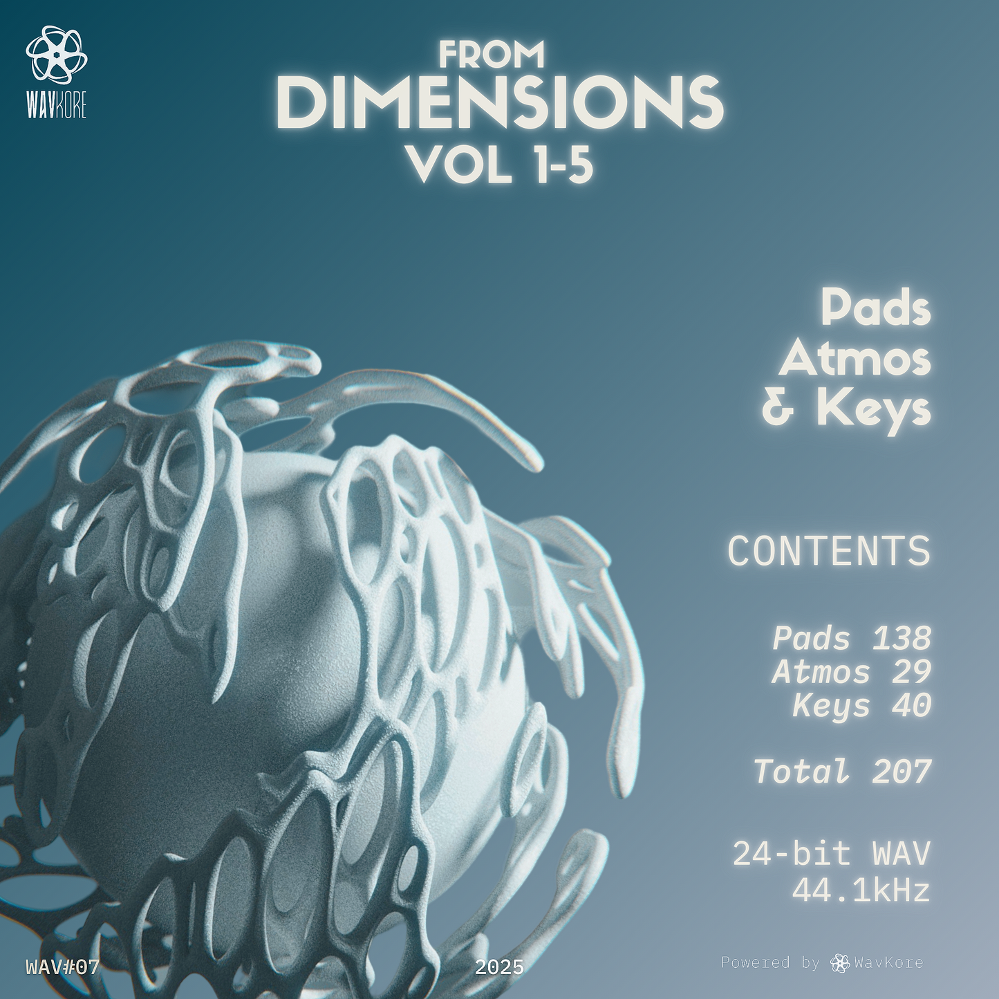 Icy blue infographic artwork displaying pads atmos and keys title sample pack contents and floating round object WAV07