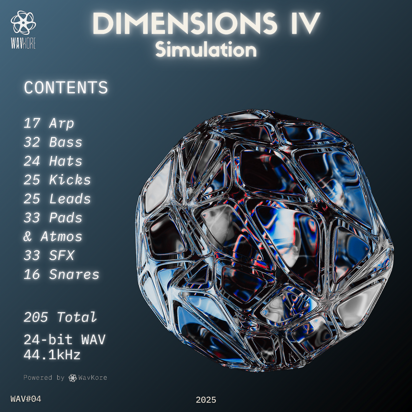 Dark blue infographic artwork displaying content of 24-bit WAV sample pack WAV04
