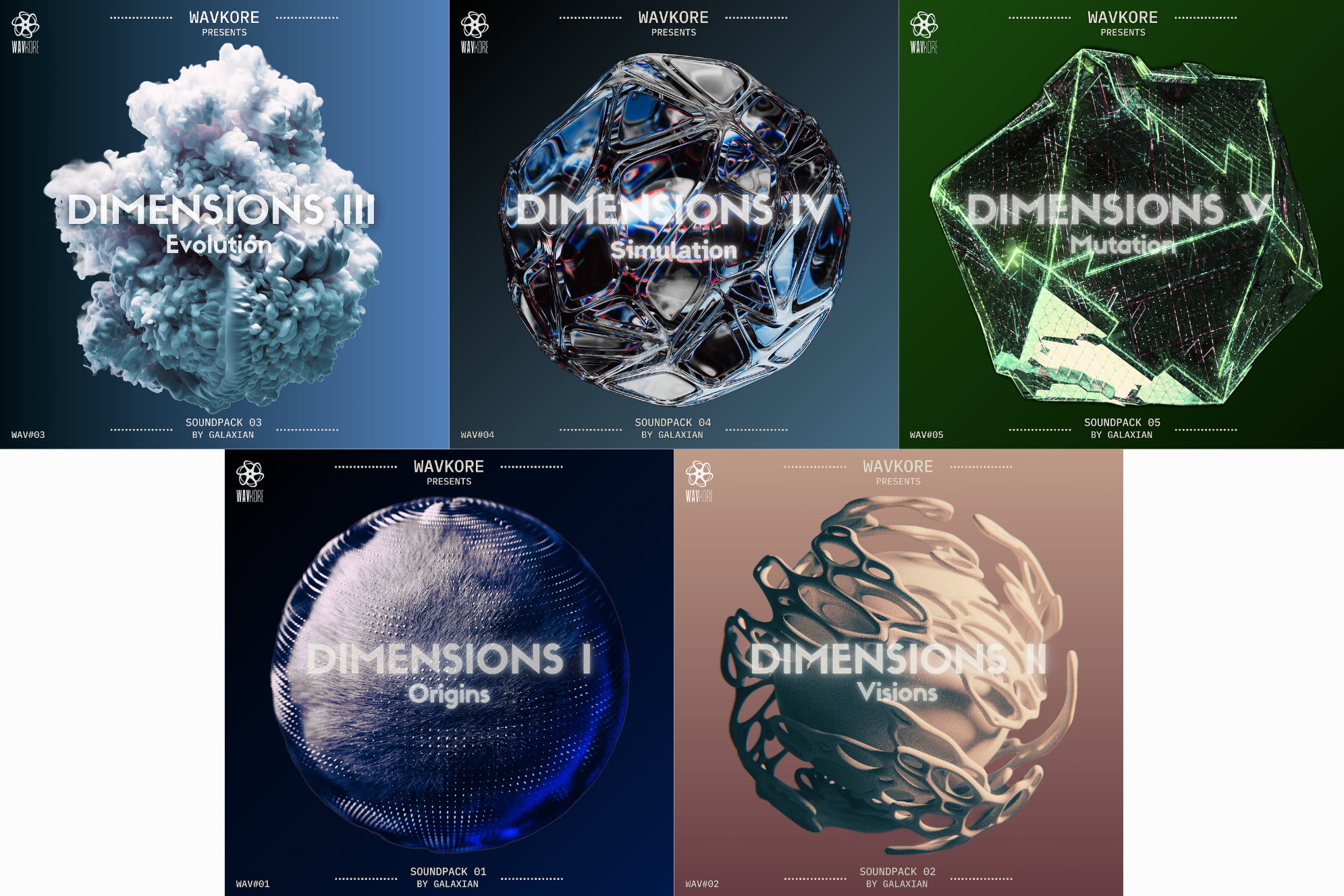 Various sample pack cover artworks illustrating surreal abstract objects