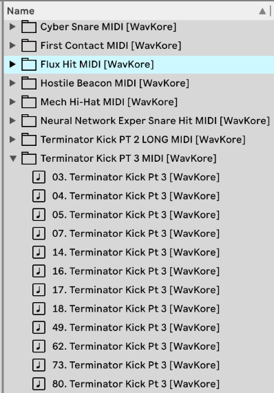List of MIDI files with WavKore branding in a software interface