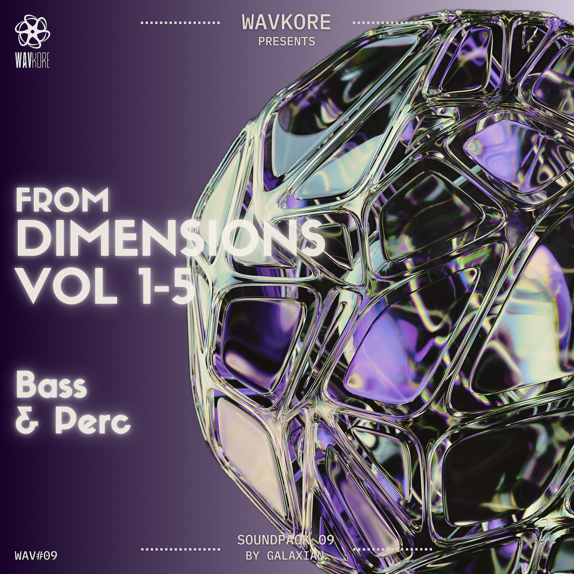 Purple infographic artwork displaying bass and perc sample pack title and strange floating gemstone WAV09