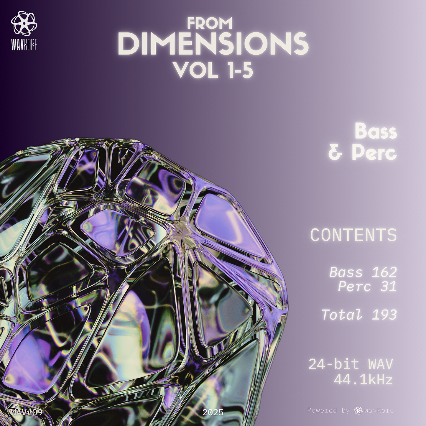 Purple infographic artwork displaying bass and perc sample pack contents and strange floating gemstone WAV09