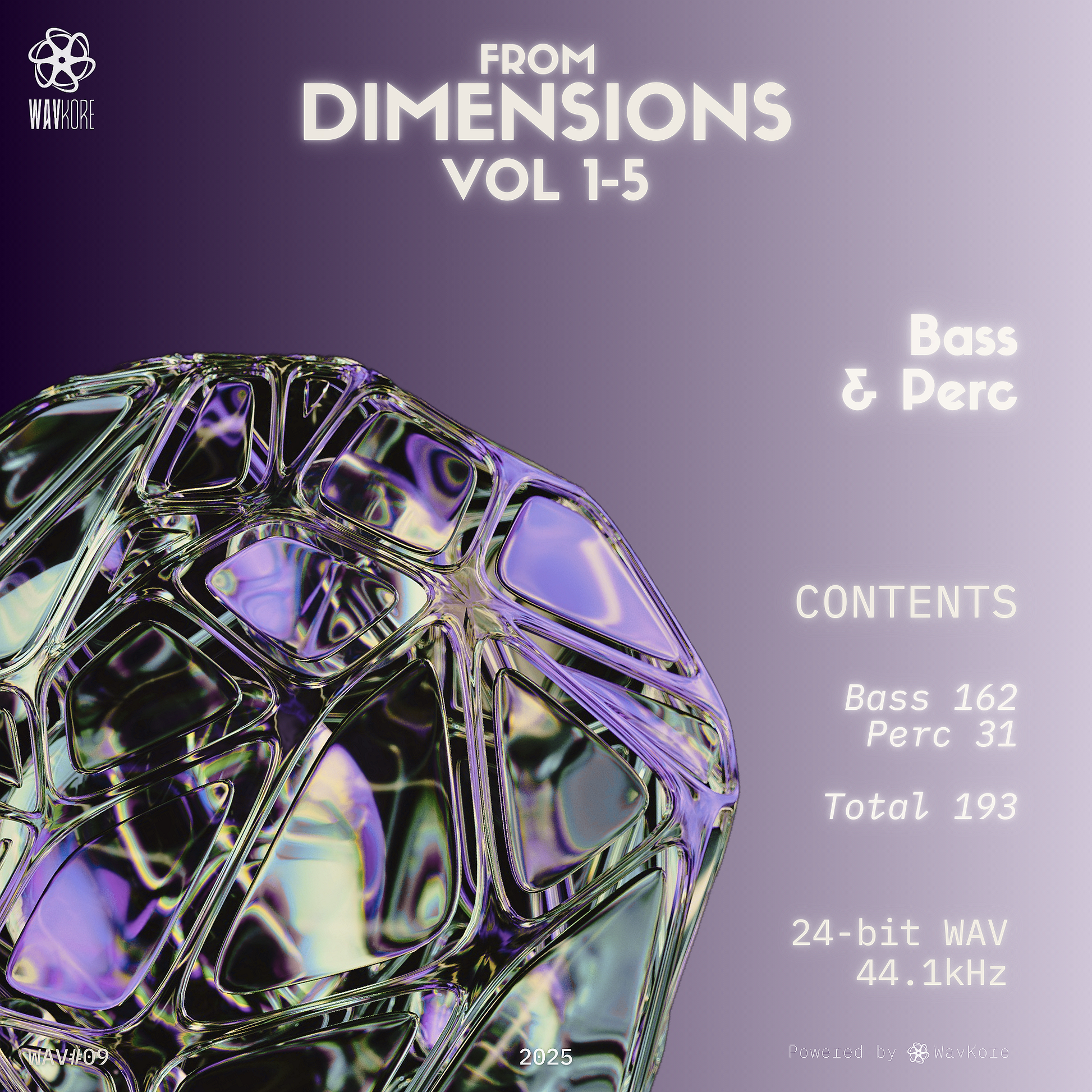 Purple infographic artwork displaying bass and perc sample pack contents and strange floating gemstone WAV09