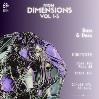Purple infographic artwork displaying bass and perc sample pack contents and strange floating gemstone WAV09