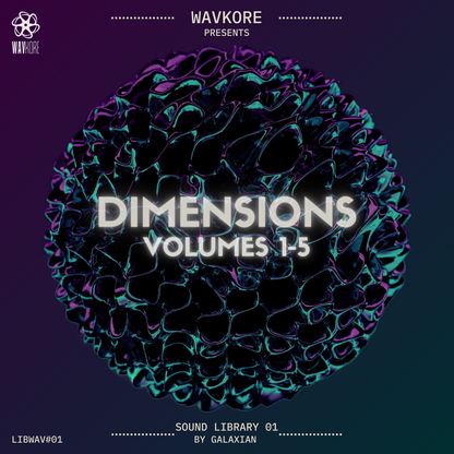 Purple infographic displaying sample library title and surreal round object LIBWAV01