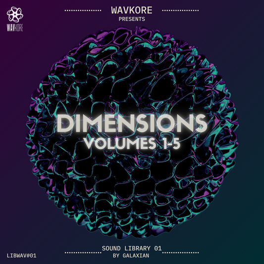 Purple infographic displaying sample library title and surreal round object LIBWAV01