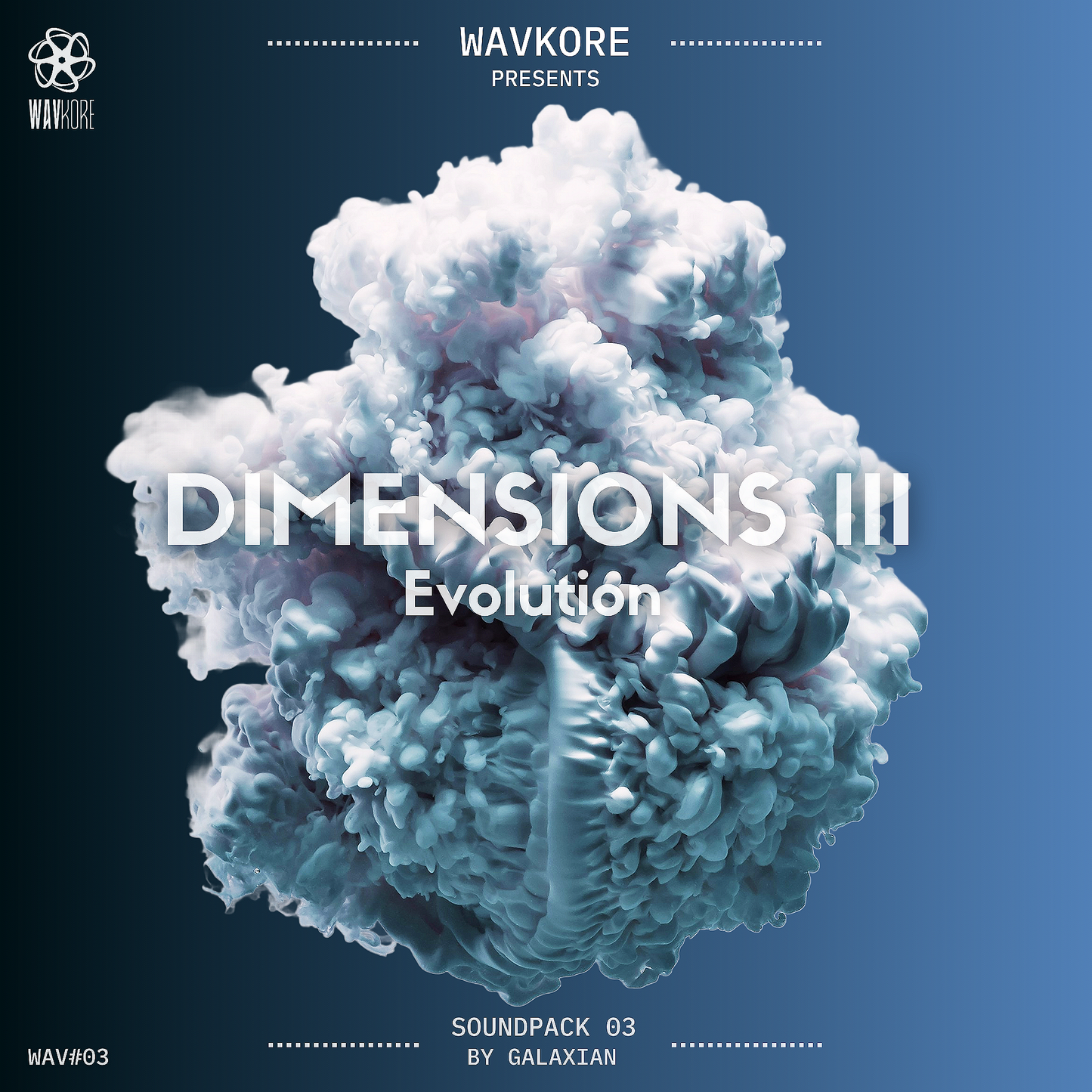Light blue infographic artwork titled Evolution sound pack 3 with surreal floating globe WAV03