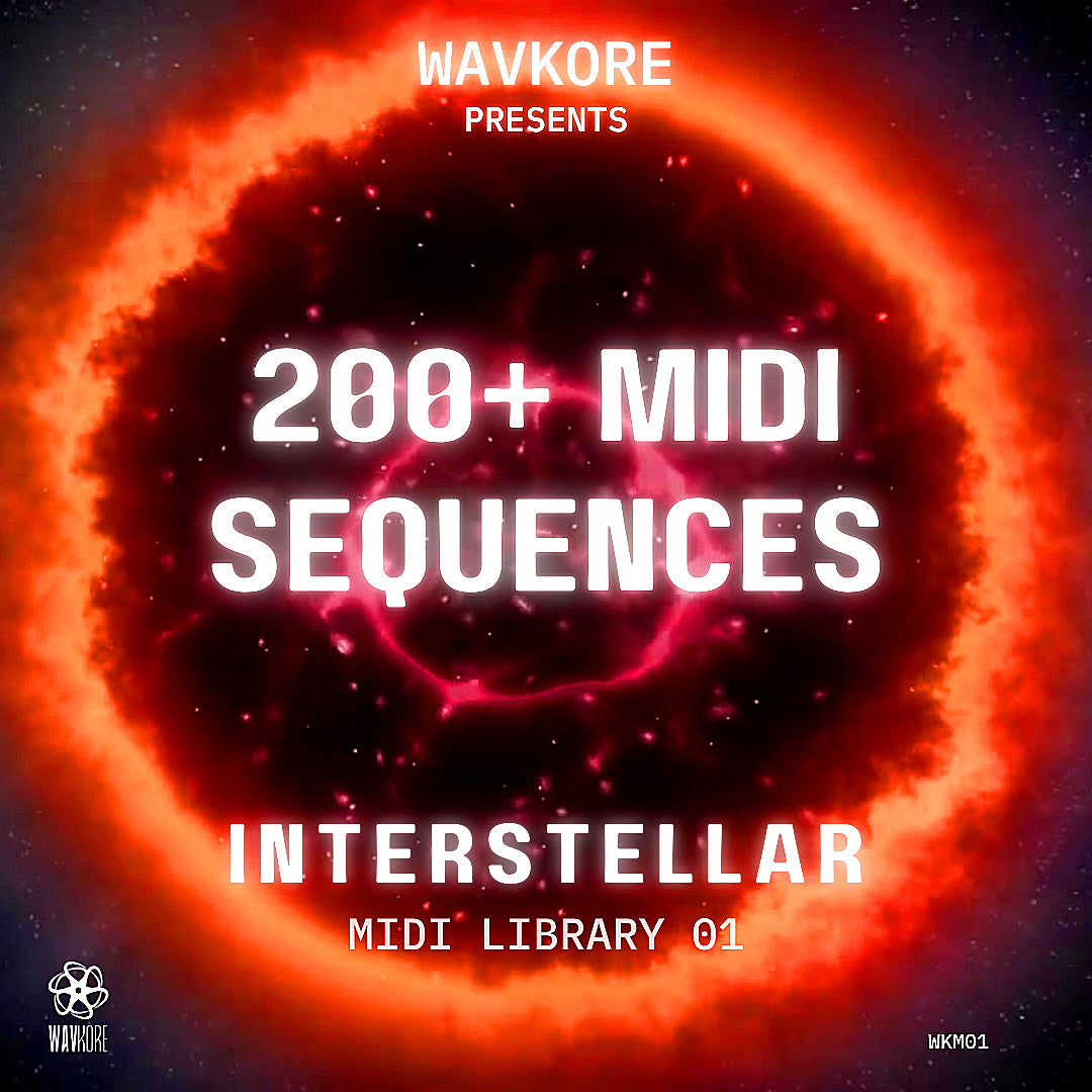Promotional image for Wavkore's Interstellar MIDI Library with a cosmic design.