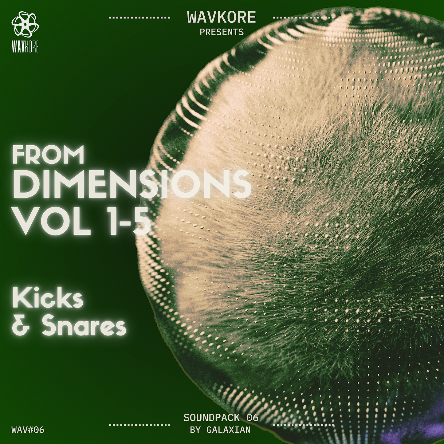 Green infographic artwork displaying kicks and snares sample pack title and surreal round object WAV06