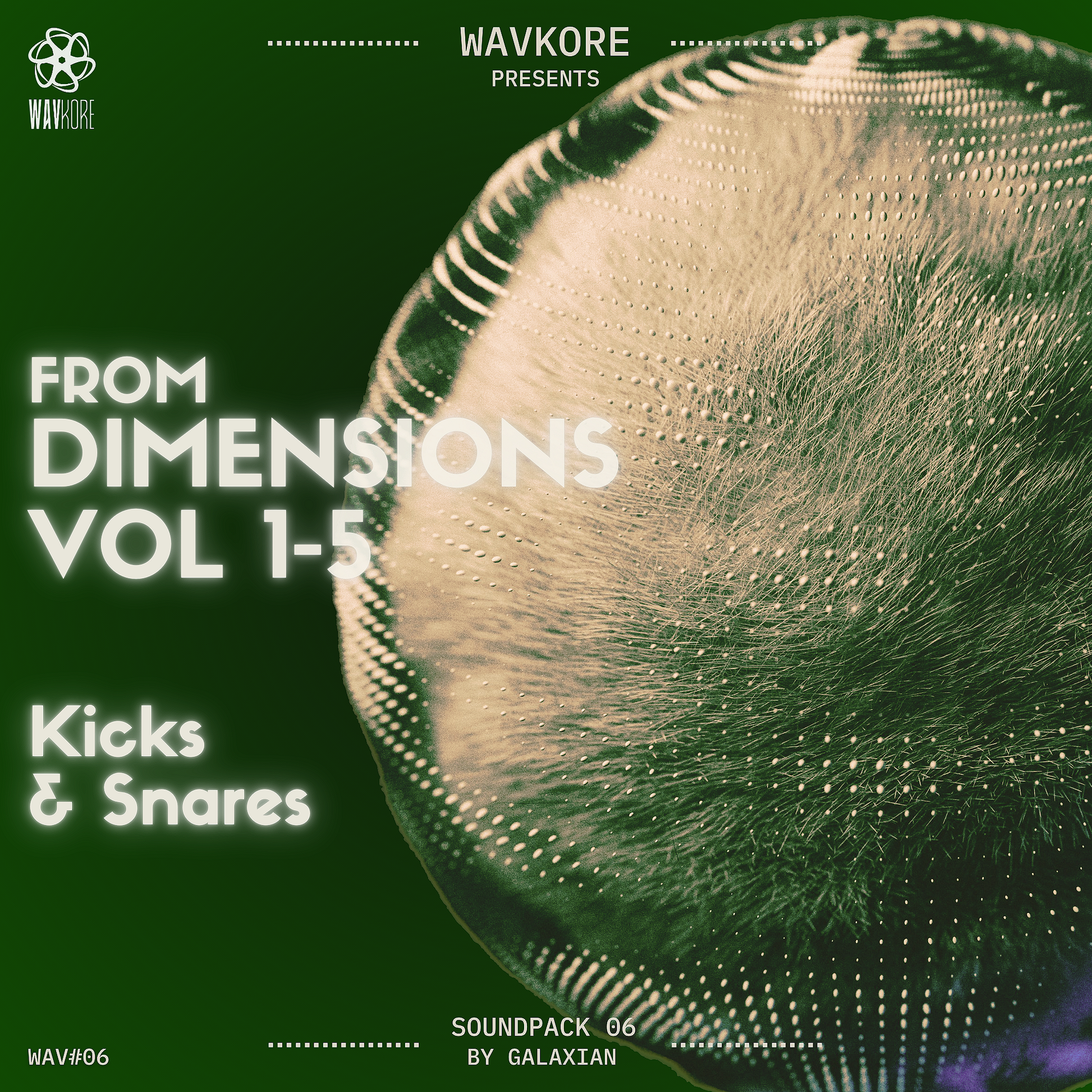 Green infographic artwork displaying kicks and snares sample pack title and surreal round object WAV06