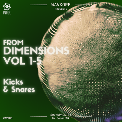 Green infographic artwork displaying kicks and snares sample pack title and surreal round object WAV06