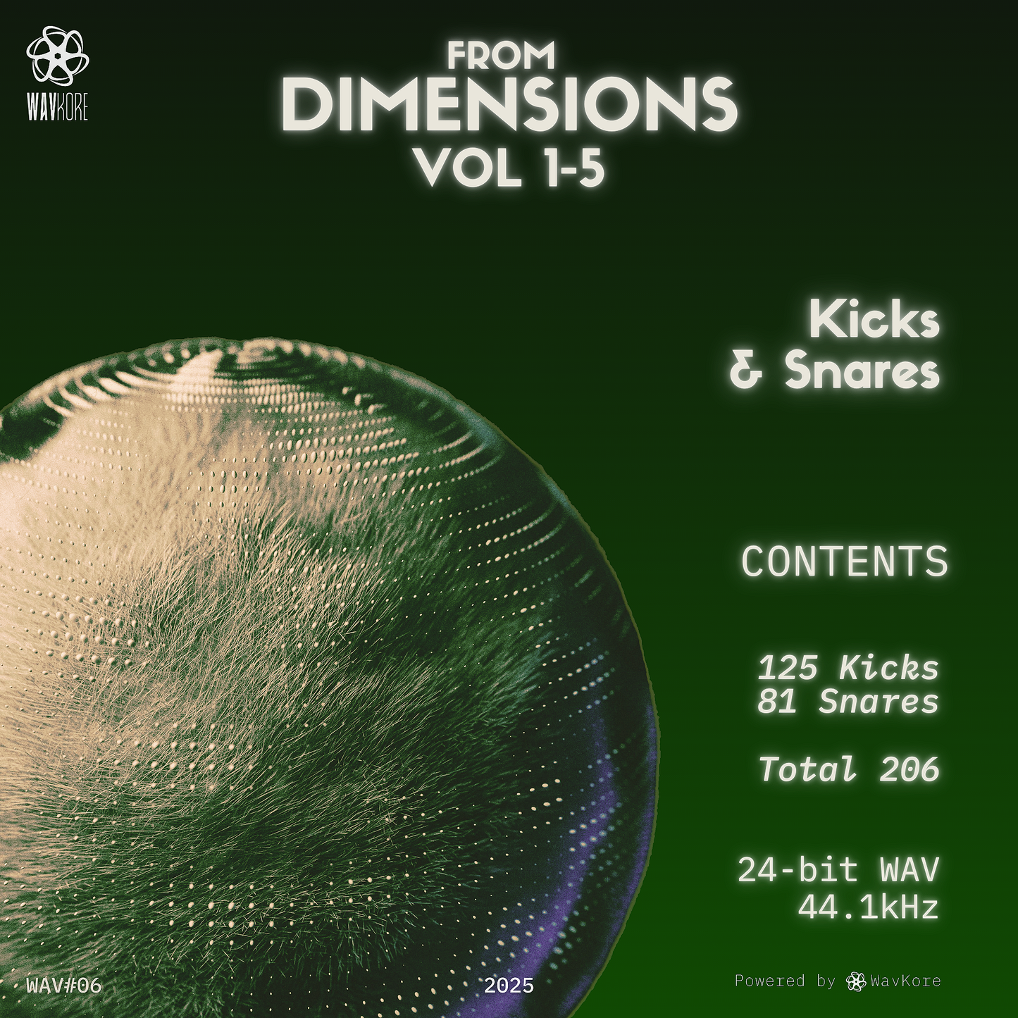 Green infographic artwork displaying kicks and snares sample pack contents and weird floating object WAV06