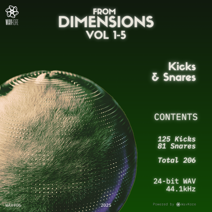 Green infographic artwork displaying kicks and snares sample pack contents and weird floating object WAV06