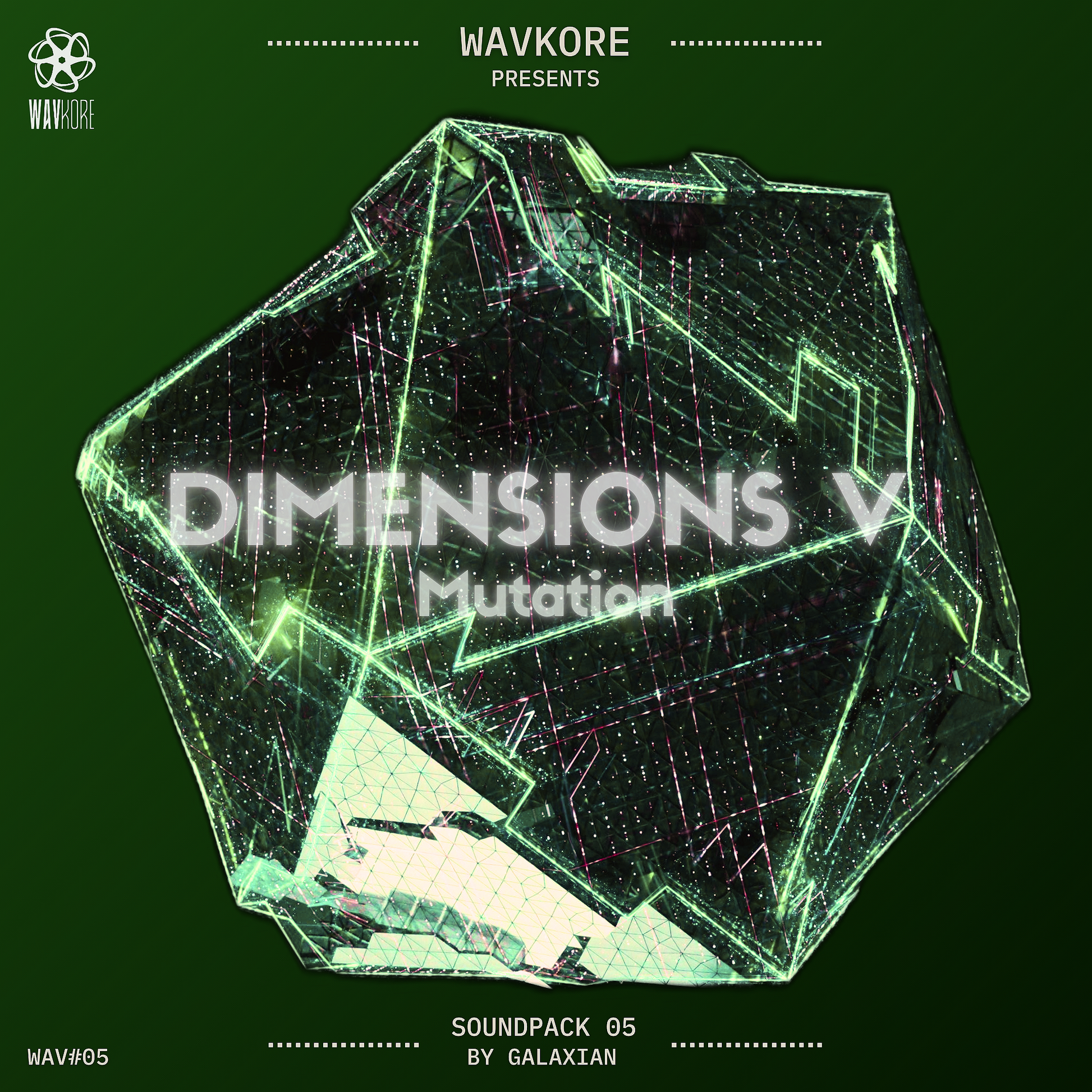 Dark green infographic artwork named Mutation sound pack 5 with large surreal gemstone WAV05
