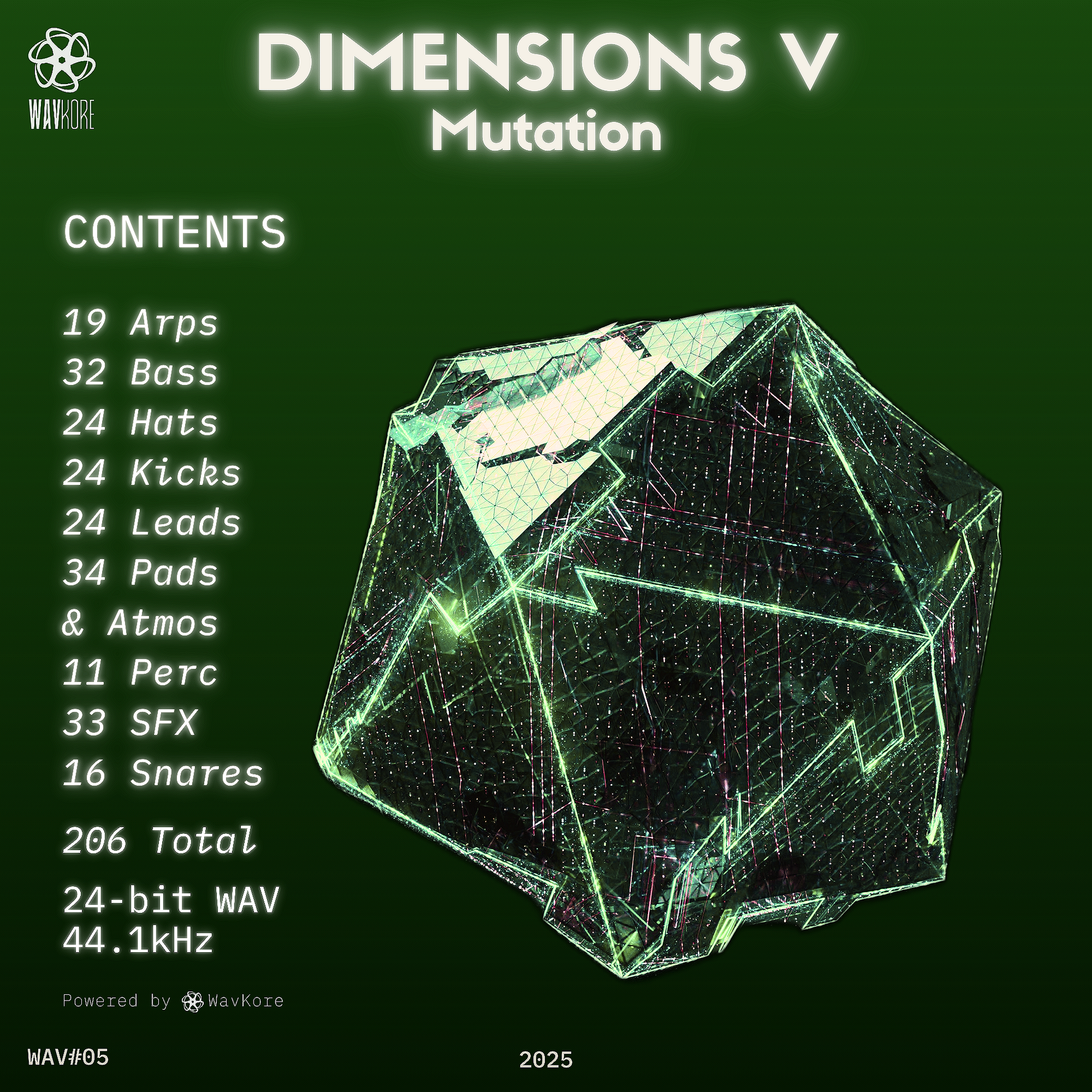 Dark green infographic artwork detailing the contents of the 24-bit wav sample pack WAV05