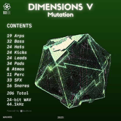 Dark green infographic artwork detailing the contents of the 24-bit wav sample pack WAV05
