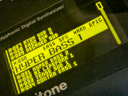 Yellow LCD screen of various bass sounds in Digitone synthesizer