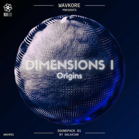 Dark blue infographic artwork titled Origins soundpack 1 with strange floating globe WAV01