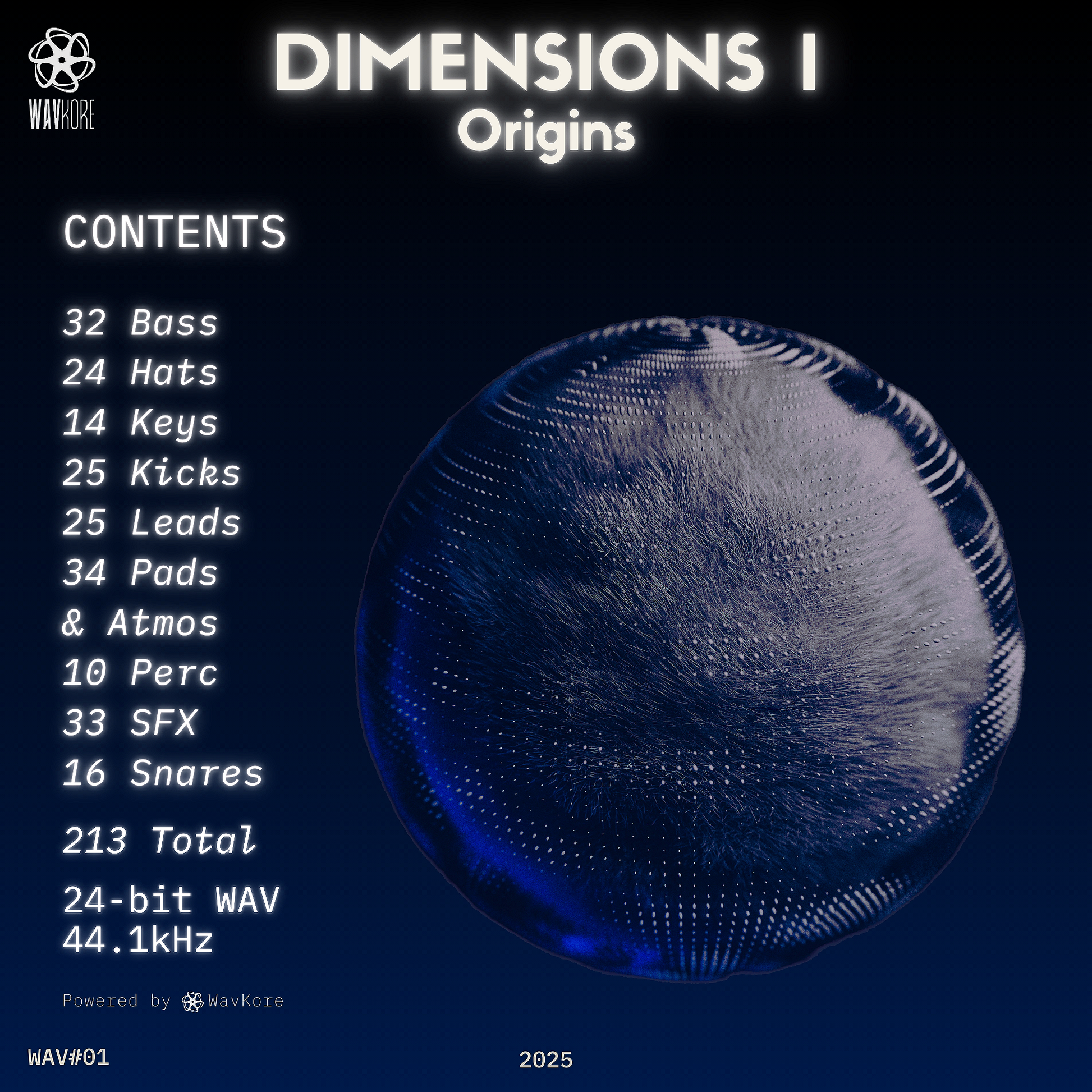 Dark blue infographic artwork with strange floating globe detailing the contents of the 24-bit wav sample pack WAV01