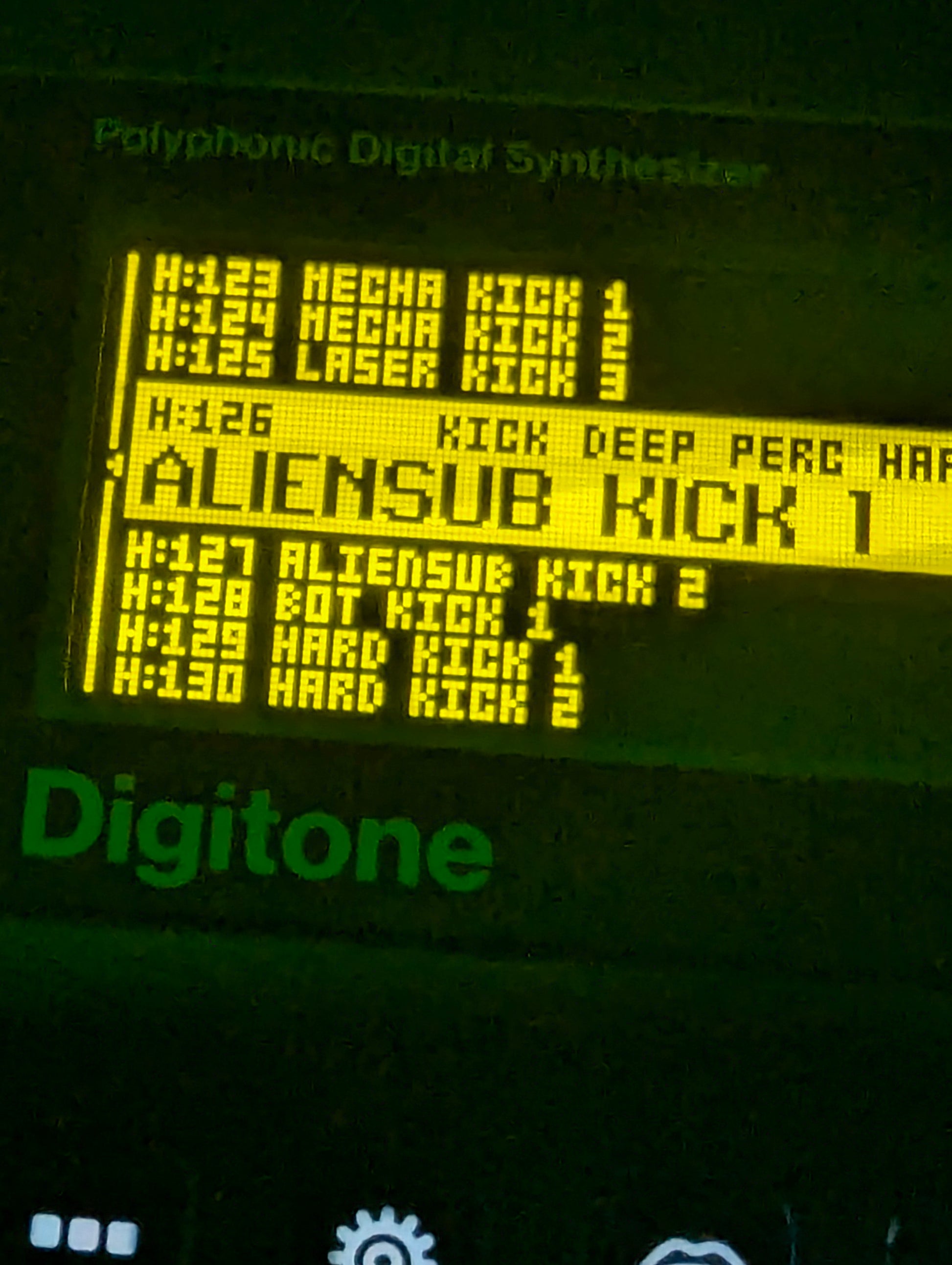 Different kick drum sounds in Digitone synthesizer yellow LCD screen