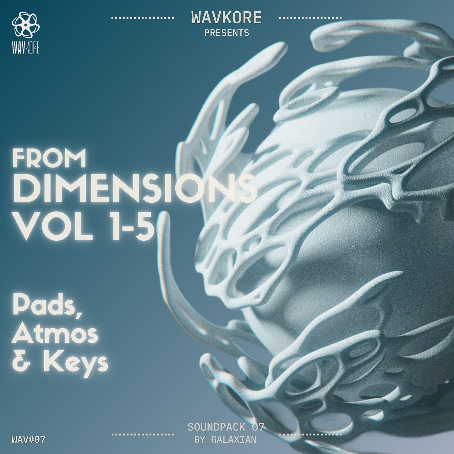 Icy blue infographic artwork displaying pads atmos and keys sample pack title and floating round object WAV07