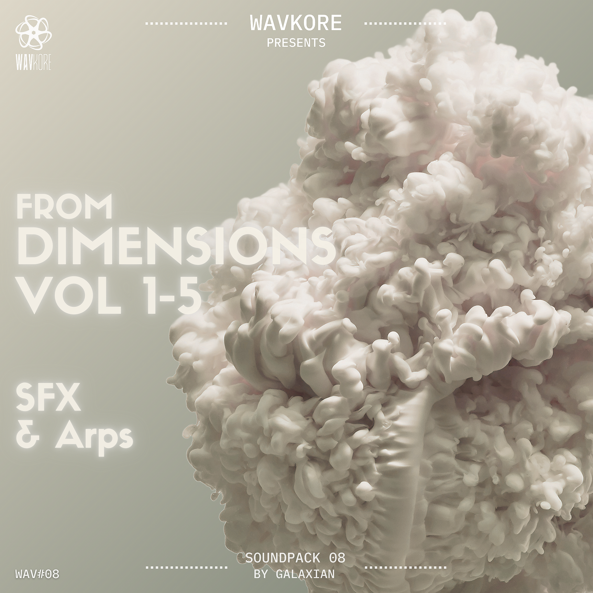 Cream colour infographic artwork displaying SFX and arps sample pack title and strange puffy object WAV08