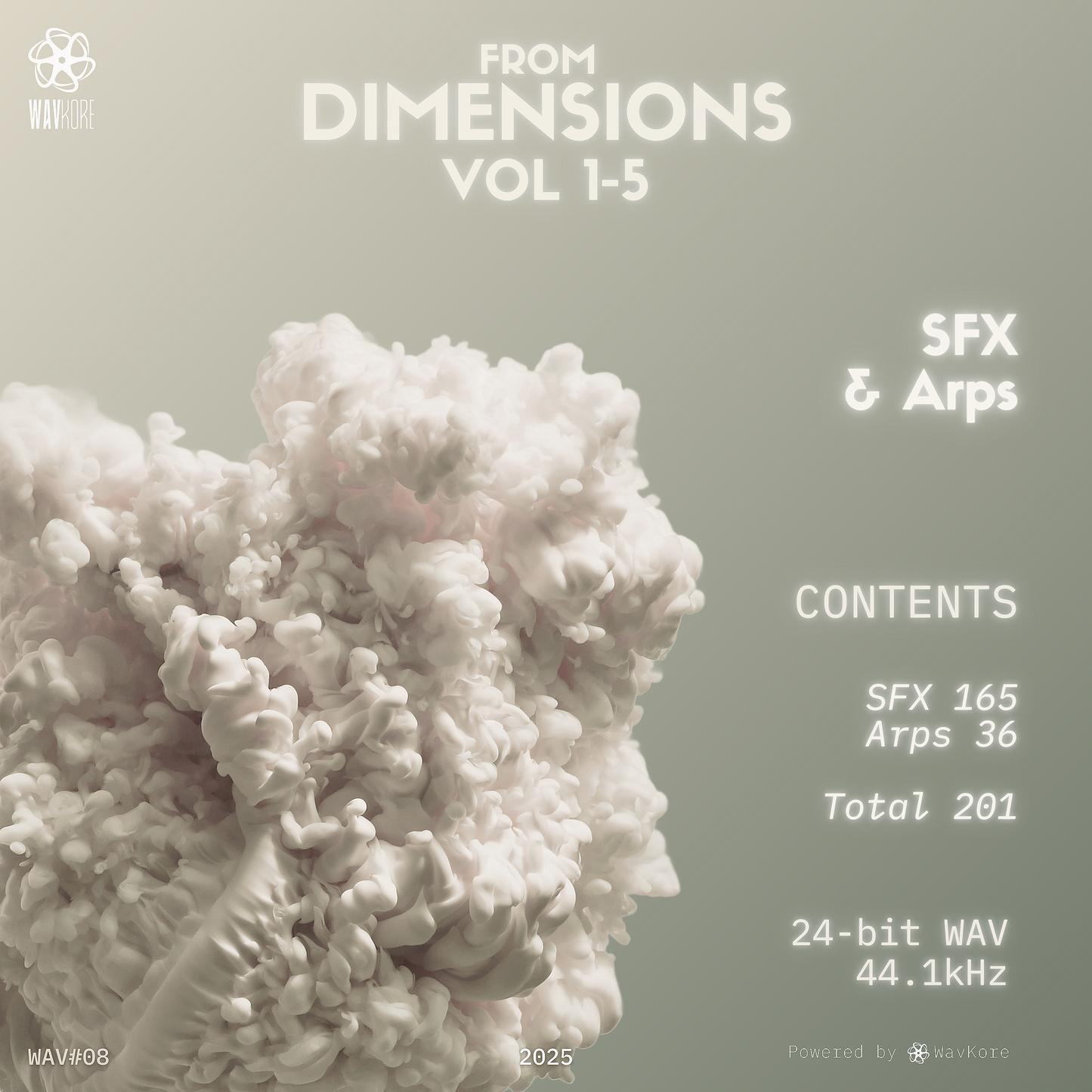 Cream colour infographic artwork displaying SFX and arps sample pack contents and strange puffy object WAV08