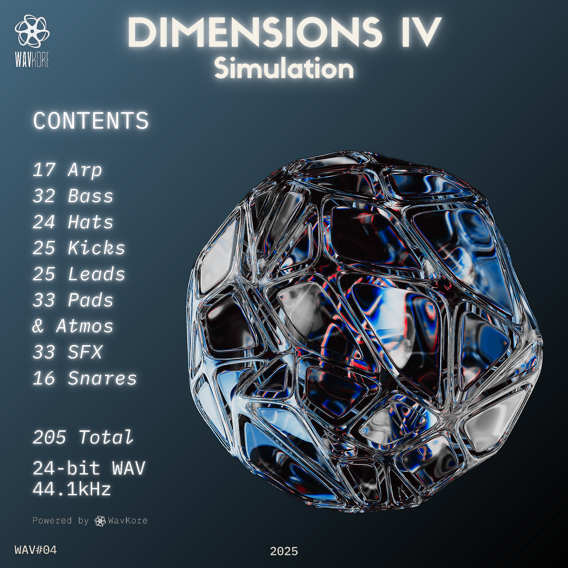 Dark blue infographic artwork displaying content of 24-bit WAV sample pack WAV04