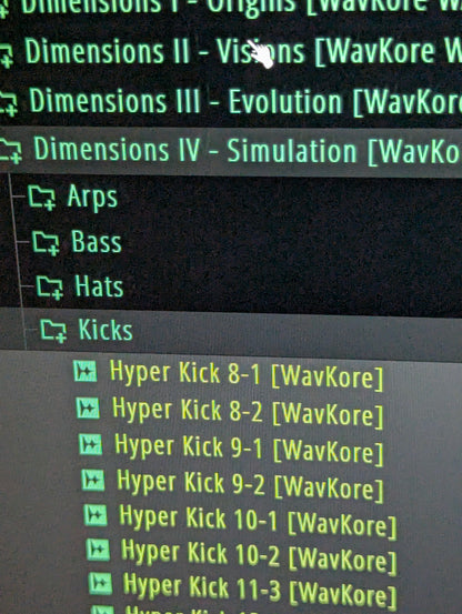 Choosing kick & bass drum samples from Dimensions sound packs in DAW