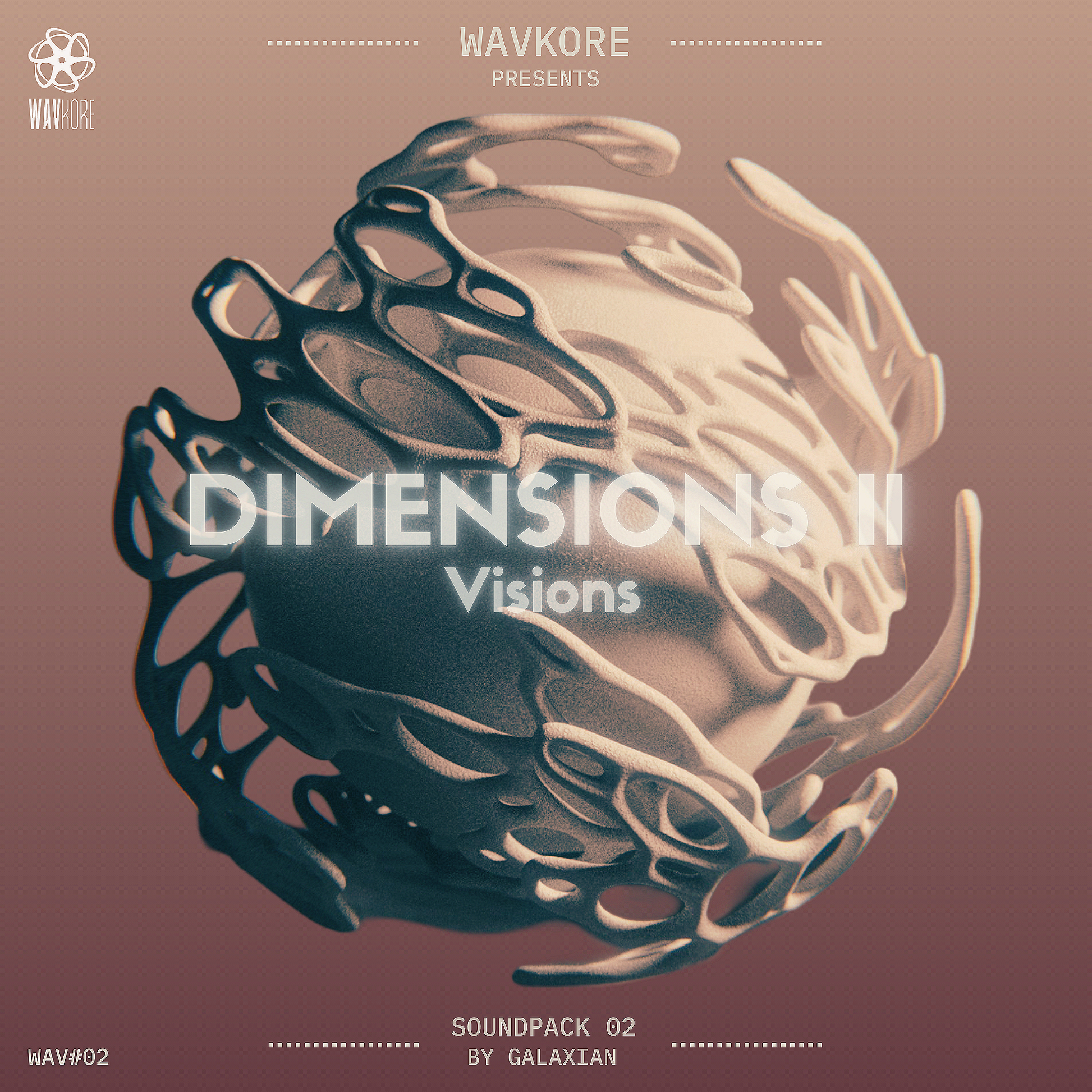 Orange infographic artwork named Visions sound pack 2 with strange floating globe object WAV02