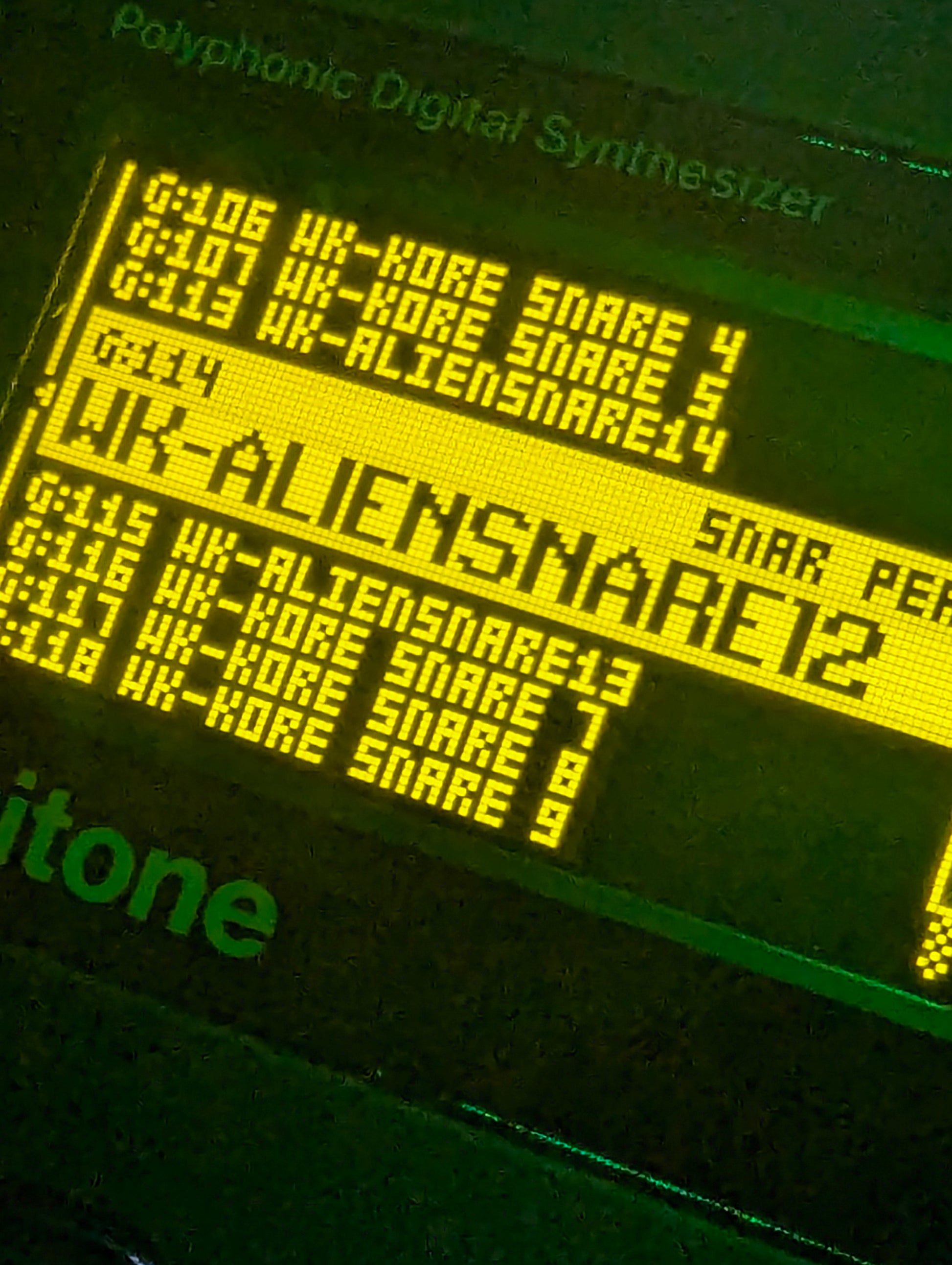 Close-Up of yellow LCD screen snare patch in synth